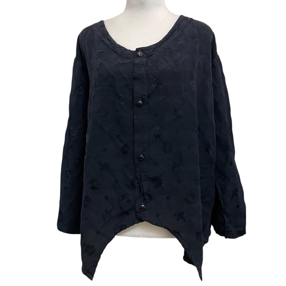 CP Shades Vintage Blue Embroidered Moon & Flower Button Front Blouse Top - Picture 1 of 9